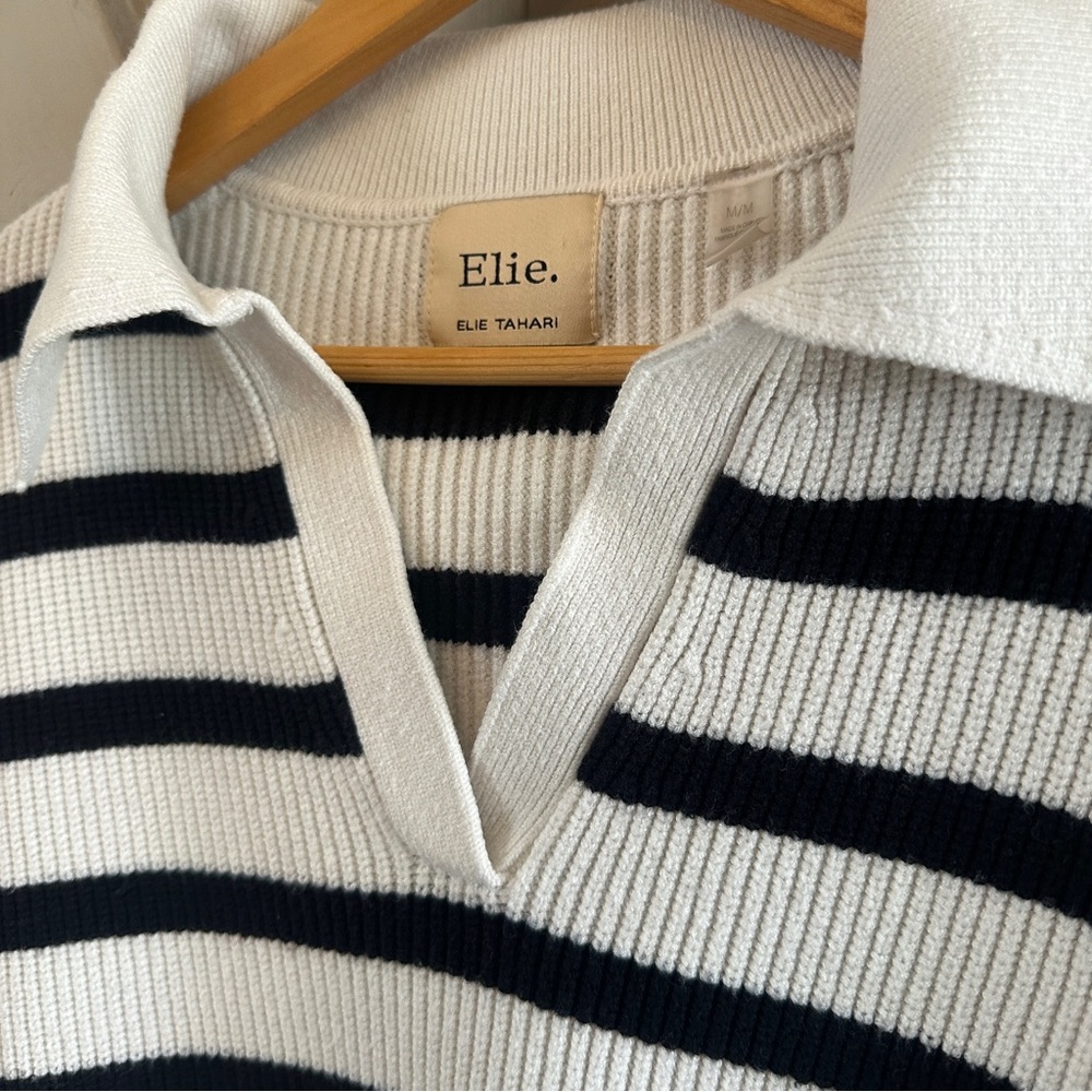 Elie Tahari Striped Collared Sweater M Black White Cropped Knit Preppy Chic - Picture 3 of 6